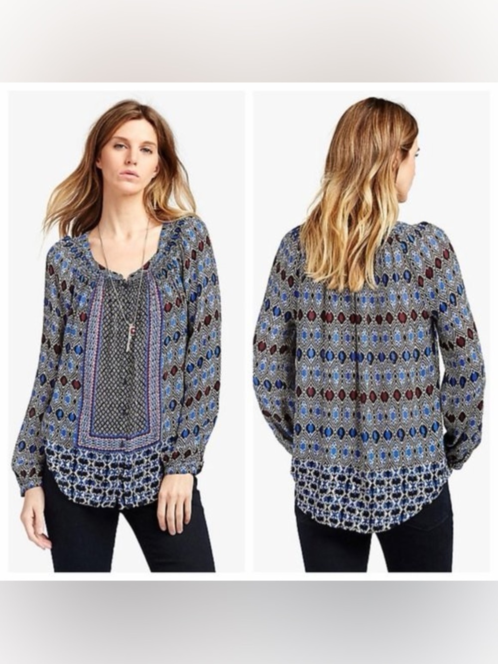 Lucky Brand 2X Boho Border Print Rayon Peasant Blouse Blue Mixed Print Top